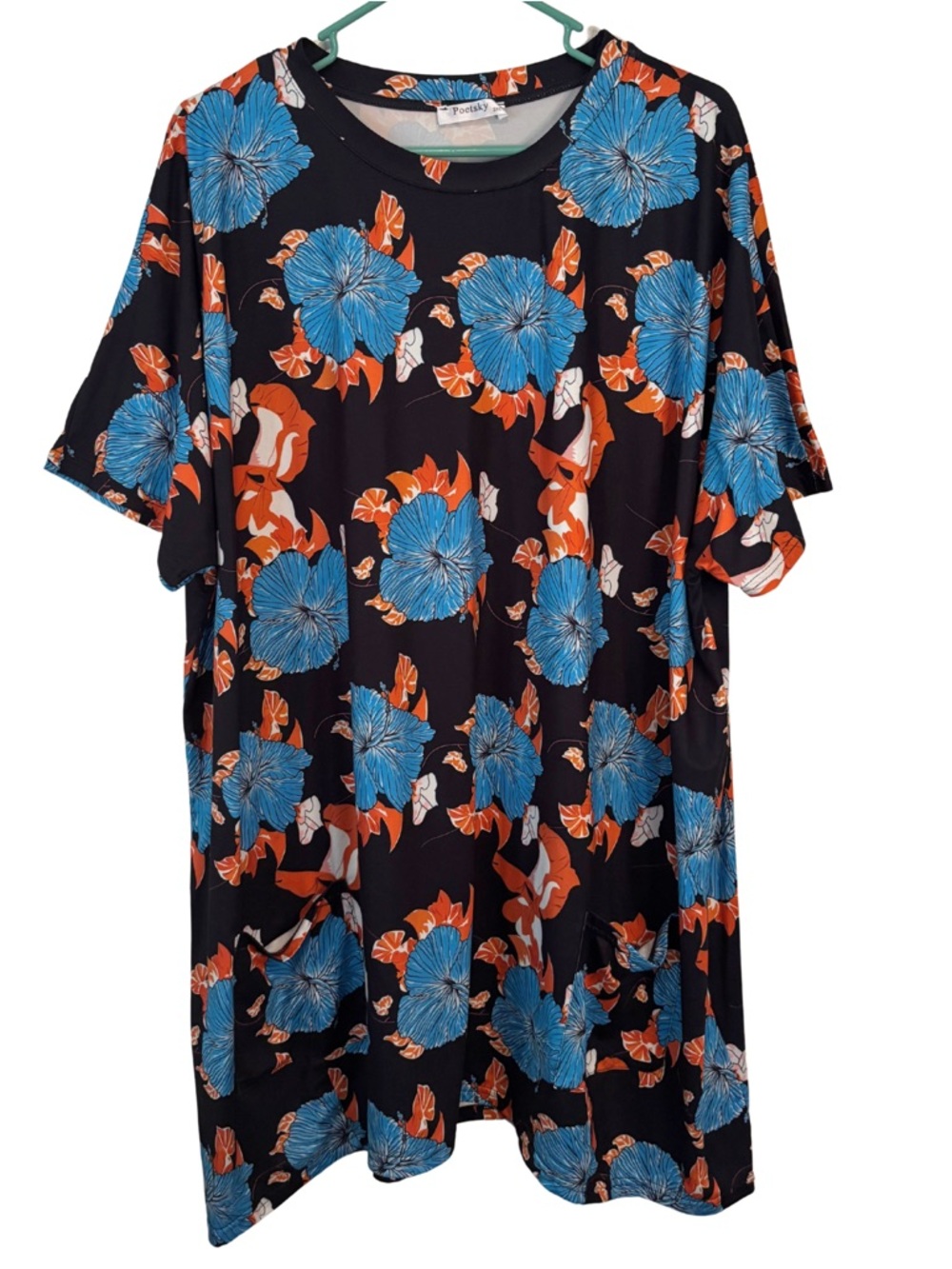 3/$20 Poetsky Floral Shift T-Shirt Dress with Blue and Orange Bloom